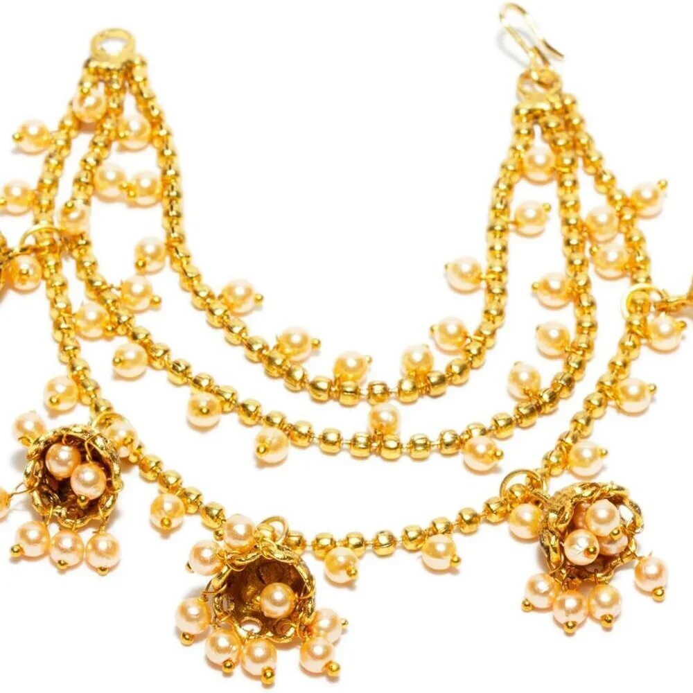 Gold Plated Bahubali Earrings Hair Chain Jhumki Traditional Indian Jewelry - Picture 2 of 4